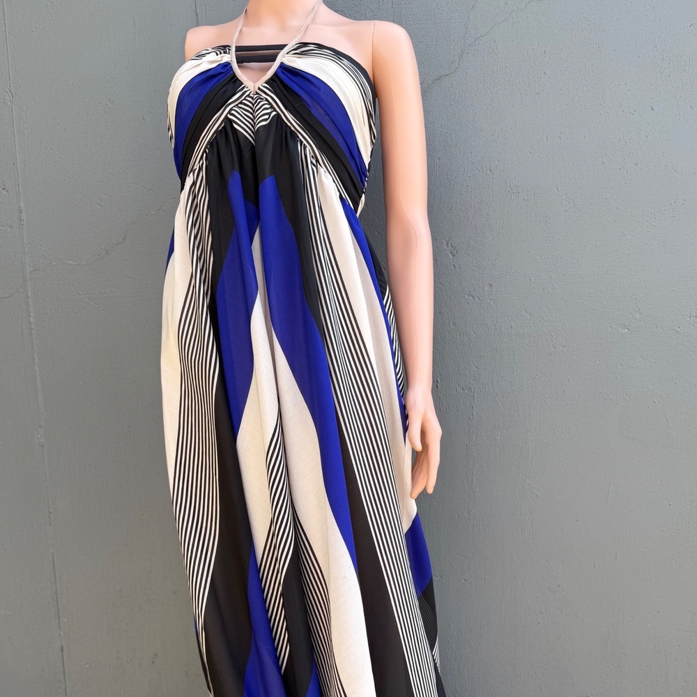 Sheike Geometric Striped Halter Maxi Dress Size 10 Blue Black White Summer Bohoβ